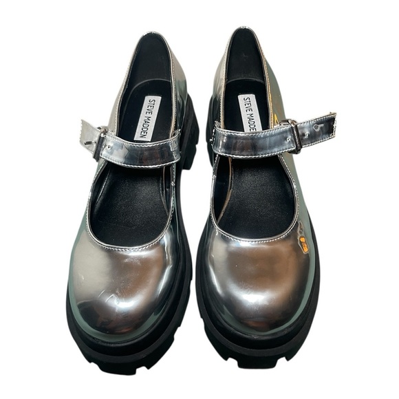 Steve Madden Davinna Silver Mary Jane Platform Shoes 7.5 Chunky Lug Sole - Picture 3 of 8